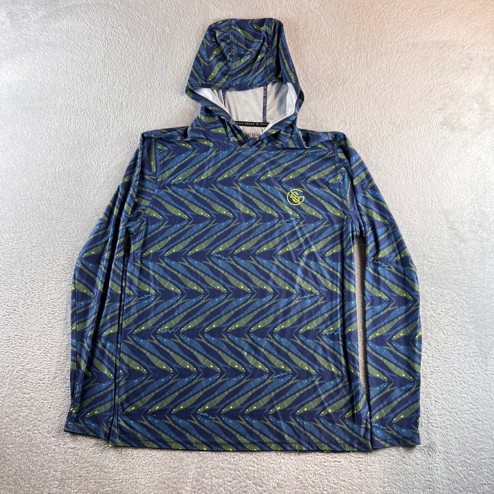 Googan Squad Performance Fishing Hoodie Mens S Blue Green Chevron READ